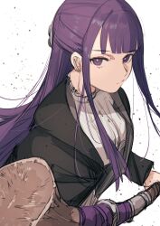 Rule 34 | 1girl, absurdres, black coat, blunt bangs, breasts, closed mouth, coat, fern (sousou no frieren), highres, holding, holding staff, hood, hooded coat, long hair, long sleeves, looking at viewer, medium breasts, ogura tubuan, purple eyes, purple hair, serious, sidelocks, solo, sousou no frieren, staff, straight hair, upper body, white background