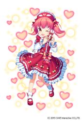 Rule 34 | 1girl, :d, bag, bow, brown eyes, chocolate, collared shirt, dress, frilled dress, frilled headband, frills, gothic wa mahou otome, hair bow, heart, highres, holding, jenevan, long sleeves, looking at viewer, official art, one eye closed, open mouth, pink hair, red bow, red dress, red footwear, shirt, shoes, short hair, smile, socks, solo, standing, twintails, watermark, white shirt, white socks, wing collar