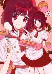 Rule 34 | 1girl, apron, arima kana, beret, bob cut, cooking, cream, cupcake, food, gloves, hat, heart, highres, inverted bob, looking at viewer, open mouth, oshi no ko, pink gloves, red eyes, red hair, red hat, red skirt, shirt, short hair, skirt, smile, solo, white apron, white shirt, xiang yu pai