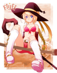 Rule 34 | 1girl, 47agdragon, bikini, bikini top only, blonde hair, blue eyes, boots, bow, braid, broom, broom riding, cane, copyright name, elbow gloves, flyff, gloves, hair bow, hat, long hair, pink footwear, shorts, sidesaddle, sitting, solo, swimsuit, witch, witch hat