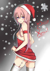 Rule 34 | 1girl, armband, ass, bare shoulders, black thighhighs, blush, breasts, christmas, clothes lift, commentary, cowboy shot, dress, dress lift, fur trim, garter straps, hair between eyes, hat, highres, long hair, looking at viewer, looking back, merry christmas, original, parted lips, pink hair, purple eyes, santa costume, santa hat, sideboob, small breasts, smile, snow, snowflakes, solo, teeth, thighhighs, thighs, urio yusuke