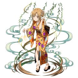 Rule 34 | 1girl, anklet, asuna (sao), brown hair, fireworks, floral print, flower, full body, hair flower, hair ornament, highres, holding, japanese clothes, jewelry, kimono, long hair, long sleeves, microphone, official art, orange eyes, platform footwear, sandals, sidelocks, smile, solo, sword art online, transparent background, updo
