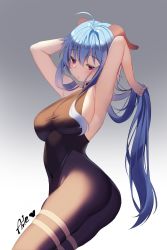 Rule 34 | 1girl, ahoge, aile (crossroads), armpits, arms behind head, arms up, bare shoulders, blue hair, blush, bodystocking, breasts, brown leotard, brown pantyhose, ganyu (genshin impact), genshin impact, highleg, highleg leotard, highres, horns, large breasts, leotard, long hair, looking at viewer, open mouth, pantyhose, purple eyes, sideboob, solo, thighs
