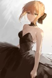 Rule 34 | 1girl, absurdres, artoria pendragon (fate), bare shoulders, blonde hair, breasts, choker, cleavage, dress, fate/grand order, fate (series), grey background, highres, hoojiro, medium breasts, saber alter, sketch, strapless, strapless dress, yellow eyes