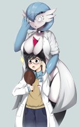 Rule 34 | 1boy, 1girl, :o, @ @, age difference, between breasts, black hair, blue pants, breast rest, breasts, child, choker, cleavage, coat, creatures (company), dr. voir (nanosheep), eyes visible through hair, game freak, gardevoir, gen 3 pokemon, gradient background, grey eyes, hand up, highres, lab coat, large breasts, mole, mole under eye, monster girl, nanosheep (character), nintendo, onee-shota, open mouth, oversized clothes, panties, pants, pokemon, pokemon (creature), scrapy, short hair, short sleeves, simple background, string panties, thick thighs, thighhighs, thighs, underwear, white coat