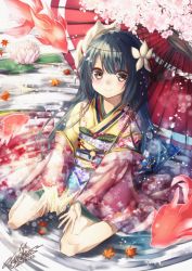 Rule 34 | 10s, 1girl, 2016, bad id, bad pixiv id, black hair, brown eyes, cherry blossoms, dated, fish, floral print, flower, fox mask, goldfish, hair flower, hair ornament, japanese clothes, kimono, leaf, lily pad, long hair, looking at viewer, maple leaf, mask, mask on head, obi, oil-paper umbrella, origami, original, paper crane, red umbrella, ripples, sash, signature, sitting, sitting on water, smile, solo, umbrella, wariza, water, wide sleeves, yuihira asu