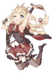 Rule 34 | 10s, 1girl, arm warmers, armpits, arms up, black footwear, black thighhighs, blonde hair, blush, book, boots, bow, cagliostro (granblue fantasy), cape, ebifurya, eyebrows, fang, full body, granblue fantasy, hairband, highres, holding, holding book, jewelry, knee boots, legs up, long hair, looking at viewer, one eye closed, open mouth, pendant, purple eyes, red bow, red skirt, simple background, skirt, sleeveless, solo, star (symbol), thighhighs, v, vial, white background