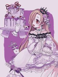 Rule 34 | 1girl, bare shoulders, blonde hair, blush, box, cake, crown, cup, disembodied limb, dress, feeding, flat chest, food, frilled dress, frills, fruit, ghost, gift, gift box, hair over one eye, happy birthday, highres, holding, holding cup, holding spoon, idolmaster, idolmaster cinderella girls, long hair, open mouth, red eyes, shirasaka koume, solo, spoon, strawberry, tilted headwear, tsurara 0w0, very long hair, white dress