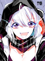 Rule 34 | 10s, 1girl, :d, abyssal ship, ahoge, commentary request, fang, hood, hoodie, kan (tachi), kantai collection, open mouth, pink eyes, re-class battleship, scarf, smile, solo, translation request, upper body, white hair