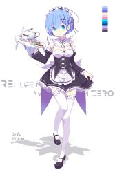 Rule 34 | 10s, 1girl, 2016, apron, ashirayt, bad id, bad pixiv id, blue eyes, blue hair, cherry, color guide, cookie, copyright name, cup, curtsey, dated, detached sleeves, eyes visible through hair, food, frilled skirt, frilled sleeves, frills, fruit, full body, hair ornament, hair over one eye, hzyang, looking at viewer, maid, maid headdress, matching hair/eyes, purple ribbon, re:zero kara hajimeru isekai seikatsu, rem (re:zero), ribbon, ribbon-trimmed clothes, ribbon trim, short hair, skirt, solo, standing, standing on one leg, teacup, teapot, thighhighs, tray, waist apron, white thighhighs, wide sleeves, x hair ornament