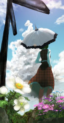 Rule 34 | 1girl, beato2528, blue sky, cloud, cloudy sky, daisy, day, dress, dress shirt, flower, from behind, from below, green hair, hand on own hip, highres, kazami yuuka, long sleeves, outdoors, parasol, plant, rock, shirt, skirt, skirt set, sky, solo, stone, touhou, umbrella, unmoving pattern, vest, white shirt