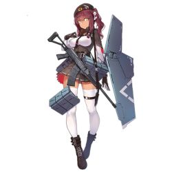 Rule 34 | 1girl, ballistic shield, belt buckle, beret, boots, breasts, buckle, dark-skinned female, dark skin, extended barrel, full body, girls&#039; frontline, gloves, gun, hand on own chest, hat, holding, impossible clothes, large breasts, long hair, looking at viewer, nightmaremk2, official art, personification, purple hair, saiga-12, saiga-12 (girls&#039; frontline), shield, shield module, shotgun, skirt, solo, thighhighs, transparent background, twintails, weapon, white thighhighs, yellow eyes
