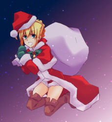 Rule 34 | 10s, 1girl, ahoge, bag, blonde hair, boots, cape, christmas, fate/extra, fate/stay night, fate (series), green eyes, hat, mittens, nero claudius (fate), nero claudius (fate), nero claudius (fate/extra), santa costume, santa hat, shorts, solo, thigh boots, thighhighs, yuino (knotes)