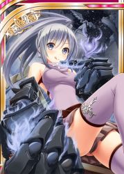 Rule 34 | 1girl, akkijin, bone, card (medium), clenched hand, cross, crucifix, dress, gloves, hitodama, looking at viewer, night, night sky, ponytail, purple dress, purple eyes, shinkai no valkyrie, silver hair, sky, solo, star (sky), starry sky, thighhighs, tongue, tongue out