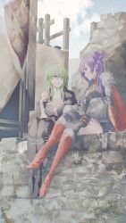Rule 34 | 2girls, absurdres, armor, asymmetrical clothes, breasts, byleth (female) (fire emblem), byleth (fire emblem), cape, choker, cleavage, enlightened byleth (female), fire emblem, fire emblem: three houses, fire emblem warriors: three hopes, gloves, green hair, hair bun, hair over one eye, highres, large breasts, long hair, medium hair, multiple girls, nintendo, purple eyes, purple hair, shez (female) (fire emblem), shez (fire emblem), simple background, single hair bun, smile, sokoo