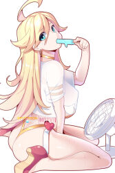 Rule 34 | 1girl, ahoge, alternate breast size, aqua eyes, ass, blonde hair, breasts, commentary, earrings, eating, electric fan, english commentary, food, from side, hair between eyes, hand up, heart, high heels, highres, holding, holding food, holding popsicle, hoop earrings, hot, hot vr, jewelry, large breasts, long hair, looking at viewer, melting, panty &amp; stocking with garterbelt, panty (psg), patreon logo, patreon username, pixiv logo, pixiv username, popsicle, red footwear, see-through, shirt, sitting, solo, sweat, thighs, wariza, watermark, wedgie, white shirt