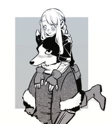 Rule 34 | 2girls, alternate species, arm guards, blush, boots, braid, braided ponytail, carrying, clinging, coat, dog girl, dungeon meshi, fingerless gloves, fur-trimmed sleeves, fur trim, furry, furry female, gloves, halfling, highres, izutsumi, jungujun, kobold, layered sleeves, long hair, long sleeves, looking at another, looking down, looking up, marcille donato, monochrome, multiple girls, pants, short over long sleeves, short sleeves, sidelocks, single braid, smile, upper body, winter clothes