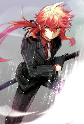 Rule 34 | 1boy, ahoge, alternate costume, bishounen, blouse, blush, collared shirt, fate/grand order, fate (series), fighting stance, formal, long hair, looking at viewer, male focus, orange hair, pinstripe pattern, pinstripe suit, ponytail, rama (fate), ready to draw, red eyes, red hair, red shirt, satoimo (3311 mi), shirt, striped, suit, sword, trap, weapon