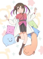 Rule 34 | 1girl, black hair, black skirt, black socks, blush, brown eyes, c:, coat, hair ornament, hair ribbon, hairclip, highres, kneehighs, lab coat, long sleeves, looking at viewer, mars symbol, multicolored hair, onii-chan wa oshimai!, open clothes, open coat, oyama mihari, pillow, pink hair, pleated skirt, red ribbon, red shirt, ribbon, shirt, skirt, smile, socks, solo, stuffed toy, toreshi poi, twintails, white coat