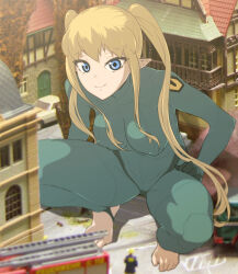 Rule 34 | 1boy, 1girl, alien, barefoot, blonde hair, blue eyes, blurry, blurry foreground, bodysuit, breasts, building, cameltoe, car, cityscape, commentary request, doodoo (katai niku), fire truck, firefighter, firefighter jacket, giant, giantess, gloves, helmet, highres, jacket, looking at viewer, looking up, maclone, macross, medium breasts, meltrandi, military, motor vehicle, original, photo background, pilot suit, pointy ears, science fiction, signature, size difference, smirk, squatting, truck, twintails, uniform, when you see it, zentradi
