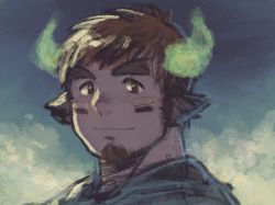 Rule 34 | 1boy, animal ears, artist request, bara, blush, brown eyes, brown hair, check artist, close-up, cow boy, cow ears, cow horns, criorio, facial hair, fiery horns, forked eyebrows, glowing horns, goatee, highres, horns, looking at viewer, male focus, short hair, sideburns, smile, solo, thick eyebrows, tokyo houkago summoners, wakan tanka