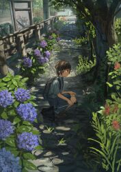 Rule 34 | 1girl, absurdres, anko1127, backpack, bag, blue skirt, bright pupils, brown eyes, brown footwear, brown hair, bush, closed mouth, closed umbrella, collared shirt, commentary request, dappled sunlight, day, dress shirt, expressionless, flower, flower request, from side, grey shirt, guard rail, hand on own knee, highres, holding, holding umbrella, hydrangea, jitome, loafers, looking at viewer, looking to the side, original, outdoors, path, pink flower, pleated skirt, purple flower, road, rope fence, scenery, school uniform, shade, shirt, shoes, short hair, short sleeves, skirt, solo, squatting, sunlight, tree, umbrella, white pupils, wide shot