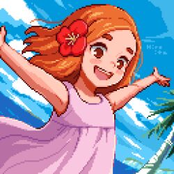 Rule 34 | 1girl, blue sky, brown hair, dress, flone robinson, flower, hair flower, hair ornament, hiroita, long hair, lowres, open mouth, orange eyes, outdoors, outstretched arms, palm tree, pink dress, pixel art, red flower, signature, sky, solo, spread arms, swiss family robinson, teeth, tree, upper teeth only, world masterpiece theater