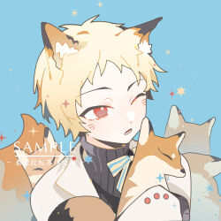Rule 34 | 1boy, animal ear fluff, atou haruki, blonde hair, blue background, chinese commentary, commentary request, fox, fox boy, highres, kemonomimi mode, long sleeves, lower teeth only, male focus, open mouth, portrait, red eyes, ribbed sweater, saibou shinkyoku, sample watermark, short hair, simple background, solo, sweater, teeth, turtleneck, turtleneck sweater, watermark, white sweater, xiao228
