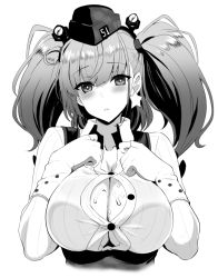 Rule 34 | 1girl, atlanta (kancolle), blush, breasts squeezed together, breasts, earrings, garrison cap, gloves, greyscale, hair ornament, hat, headgear, jewelry, kantai collection, kyogoku shin, large breasts, long hair, long sleeves, monochrome, parted lips, single earring, solo, star (symbol), star earrings, suggestive fluid, twintails, two side up, upper body