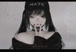 Rule 34 | 1girl, aoi ogata, artist name, bare shoulders, baseball cap, black choker, black hair, black hat, black nails, black shirt, character name, choker, clothes writing, commentary, english commentary, fingernails, glasses, grey eyes, hat, highres, letterboxed, long hair, long sleeves, looking at viewer, mask, mouth mask, nail polish, off-shoulder shirt, off shoulder, original, round eyewear, shirt, sidelocks, sleeves past wrists, solo, surgical mask, twintails, upper body, v