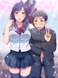 Rule 34 | 1boy, 1girl, aftersex, black hair, brown eyes, cherry blossoms, clothed after sex, condom, covered erect nipples, futase hikaru, gakuran, hand on another&#039;s shoulder, highres, navel, original, petals, pleated skirt, pussy juice, school uniform, see-through, serafuku, short hair, size difference, skirt, sweat, thighhighs, unbuttoned, used condom, v, zettai ryouiki