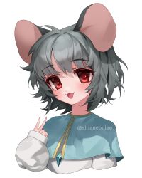 Rule 34 | 1girl, :3, :d, absurdres, animal ears, aqua capelet, blush, commentary, commission, english commentary, grey hair, highres, jewelry, long sleeves, looking at viewer, medium hair, mouse ears, mouse girl, nazrin, open mouth, pendant, red eyes, shianebulae, shirt, simple background, smile, solo, touhou, twitter username, v, white background, white shirt