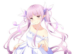 Rule 34 | 1girl, bare shoulders, blush, breasts, brown eyes, closed mouth, collarbone, commentary request, dress, hair ribbon, han (hehuihuihui), highres, jewelry, kyouka (princess connect!), long hair, off-shoulder dress, off shoulder, pointy ears, princess connect!, purple hair, purple ribbon, ribbon, ring, simple background, small breasts, smile, solo, split mouth, twintails, v-shaped eyebrows, very long hair, white background, white dress