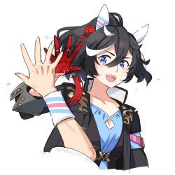 Rule 34 | 1girl, 1other, animal ears, black hair, black jacket, blue shirt, button gap, commentary request, disembodied hand, ear covers, hair between eyes, hair ornament, high five, highres, horse ears, horse girl, jacket, katsuragi ace (umamusume), long sleeves, looking at viewer, medium hair, multicolored hair, nakajima shiki, open clothes, open jacket, open mouth, ponytail, shirt, simple background, smile, solo focus, streaked hair, striped wristband, tassel, tassel hair ornament, umamusume, upper body, white background, white hair