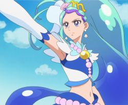 Rule 34 | 1girl, aqua hair, armpits, blue eyes, cloud, cure mermaid, elbow gloves, gloves, go! princess precure, highres, kaidou minami, long hair, precure, screencap, sky, solo