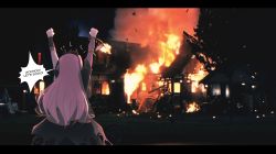 Rule 34 | 1girl, arson, burning, burning building, english text, facing away, fire, from behind, highres, hololive, hololive english, letterboxed, long hair, mori calliope, photo background, pink hair, ryou sakai, screenshot background, short sleeves, solo, speech bubble, virtual youtuber