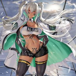 Rule 34 | 1girl, absurdres, alabama (azur lane), armband, azur lane, bandeau, bikini, bikini under clothes, black bikini, black gloves, black shorts, black thighhighs, body markings, bodypaint, breasts, buckle, cleavage, closed mouth, clothes writing, cloud, cloudy sky, coat, coat on shoulders, collarbone, commentary request, cowboy shot, dark-skinned female, dark skin, day, detached collar, dorian oishiiyo, elbow gloves, facial mark, floating hair, gloves, hair between eyes, highleg, highleg bikini, highres, jacket, large breasts, long coat, long hair, long sleeves, looking at viewer, midriff, navel, ocean, open clothes, open fly, open shorts, outdoors, pubic tattoo, railing, red eyes, short shorts, shorts, sidelocks, skindentation, sky, snap-fit buckle, solo, standing, strapless, sunlight, swimsuit, tattoo, taut clothes, thighhighs, thighs, torn clothes, torn coat, tube top, twintails, undressing, very long hair, whisker markings, white coat, white hair, white jacket, white tube top