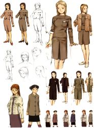 Rule 34 | 1990s (style), 3girls, abe yoshitoshi, absurdres, artbook, brown eyes, brown hair, brown theme, character sheet, coat, costume chart, dress, highres, monochrome, multiple girls, official art, partially colored, scan, serial experiments lain, short hair, sketch, sweater, traditional media, yonera touko