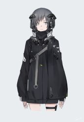 Rule 34 | 1girl, black jacket, commentary, frown, grey background, grey eyes, grey hair, headgear, holster, jacket, light frown, looking at viewer, neco, original, science fiction, short hair, simple background, sleeves past wrists, solo, strap, thigh holster
