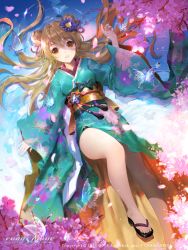 Rule 34 | 1girl, brown eyes, brown hair, bug, butterfly, chaos drive, cherry blossoms, double bun, flower, hair flower, hair ornament, highres, bug, japanese clothes, kimono, legs, long hair, lying, on back, revision, ripples, sandals, solo, tob, water