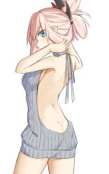 Rule 34 | 1girl, arms behind head, arms up, ass, back, backless dress, backless outfit, bare shoulders, blue eyes, blush, breasts, butt crack, dress, elfenlied22, fate/grand order, fate (series), hair ornament, highres, large breasts, long hair, looking at viewer, looking back, meme attire, miyamoto musashi (fate), naked sweater, pink hair, ponytail, sweater, sweater dress, swept bangs, thighs, virgin killer sweater