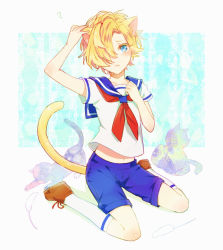 Rule 34 | 10s, 1boy, ?, aged down, amo (yellowpink a), animal, animal ears, blonde hair, blue eyes, blush, bow, bowtie, cat, cat ears, cat tail, child, diabolik lovers, full body, hair over one eye, hand on own chest, kneehighs, male focus, mukami kou, navel, sailor, shorts, socks, solo, tail