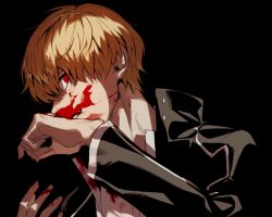 Rule 34 | 1boy, blonde hair, blood, blood on face, casual, fate/stay night, fate (series), gilgamesh (fate), maka (mksrw), male focus, official alternate costume, red eyes, slit pupils, solo, turning head, wiping face