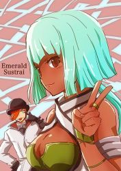 Rule 34 | 1boy, 1girl, akanbe, aqua hair, armband, black gloves, blunt bangs, bob cut, bowler hat, bracelet, breasts, character name, cleavage, cleavage cutout, clothing cutout, coat, dark skin, emerald sustrai, eyelid pull, gloves, hair over one eye, halterneck, hat, jewelry, moai (moai world), orange hair, red eyes, ring, roman torchwick, rwby, short hair with long locks, smile, solo focus, strapless, tongue, tongue out, tube top, v, white coat