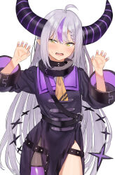 Rule 34 | 1girl, absurdres, ahoge, ascot, blush, braid, collar, commentary request, demon horns, flat chest, grey hair, highres, hololive, horns, la+ darknesss, la+ darknesss (1st costume), long hair, looking at viewer, metal collar, open mouth, purple hair, purple nails, purple thighhighs, sidelocks, simple background, single thighhigh, solo, striped horns, subachi, tail, thighhighs, very long hair, virtual youtuber, white background, yellow ascot, yellow eyes