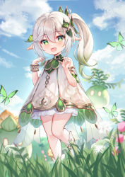 Rule 34 | 1girl, blush, breasts, dress, eric (tianqijiang), genshin impact, gradient hair, green eyes, hair ornament, highres, leaf hair ornament, long hair, looking at viewer, multicolored hair, nahida (genshin impact), open mouth, pointy ears, smile, solo, white dress, white hair