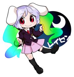 Rule 34 | 1girl, animal ears, blazer, rabbit ears, byourou, character name, chibi, crescent, deformed, full body, jacket, light purple hair, loafers, red eyes, reisen, shawl, shoes, short hair, solo, touhou, white background
