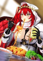 Rule 34 | + +, 1girl, :t, alchemy stars, belt, between breasts, black gloves, black necktie, blurry, blurry background, blush, bowl, breasts, chair, cleavage, cleavage cutout, closed mouth, clothing cutout, commission, crown, cup, earrings, eating, exillust, food, fork, gloves, highres, holding, holding cup, holding fork, hood, hood up, jacket, jewelry, large breasts, lemonade, long hair, long sleeves, necktie, necktie between breasts, noodles, pact (alchemy stars), pasta, plate, red hair, salad, second-party source, side ponytail, sitting, solo, spaghetti, upper body, v-shaped eyebrows, white jacket, yellow eyes