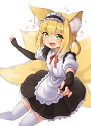 Rule 34 | 1girl, ajidot, alternate costume, animal ear fluff, animal ears, apron, arknights, black dress, black gloves, black hairband, blush, braid, braided hair rings, clenched hand, commentary request, dress, elbow gloves, enmaided, fang, fingerless gloves, fox ears, fox girl, fox tail, frilled apron, frilled dress, frilled hairband, frilled sleeves, frills, gloves, green eyes, hair rings, hairband, heart, highres, korean commentary, looking at viewer, maid, maid apron, maid headdress, open mouth, puffy short sleeves, puffy sleeves, short hair, short sleeves, simple background, solo, suzuran (arknights), tail, thighhighs, twin braids, white background, white dress, white thighhighs
