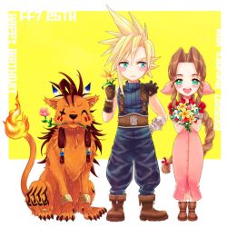 Rule 34 | 1girl, 2boys, 39cva, aerith gainsborough, armor, belt, blonde hair, blue eyes, blue flower, blue pants, blue shirt, blush, boots, bouquet, bracelet, braid, brown hair, buttons, closed eyes, cloud strife, cropped jacket, curly hair, dress, feathers, fiery tail, final fantasy, final fantasy vii, flower, flower in mouth, gloves, green eyes, hand on own hip, holding, holding flower, jacket, jewelry, lily (flower), long dress, long hair, multiple boys, open mouth, pants, pink dress, pink flower, red fur, red jacket, red xiii, ribbon, scar, scar on face, shirt, shoulder armor, spiked hair, square enix, suspenders, tail, teeth, turtleneck, upper teeth only, white flower, yellow background, yellow flower